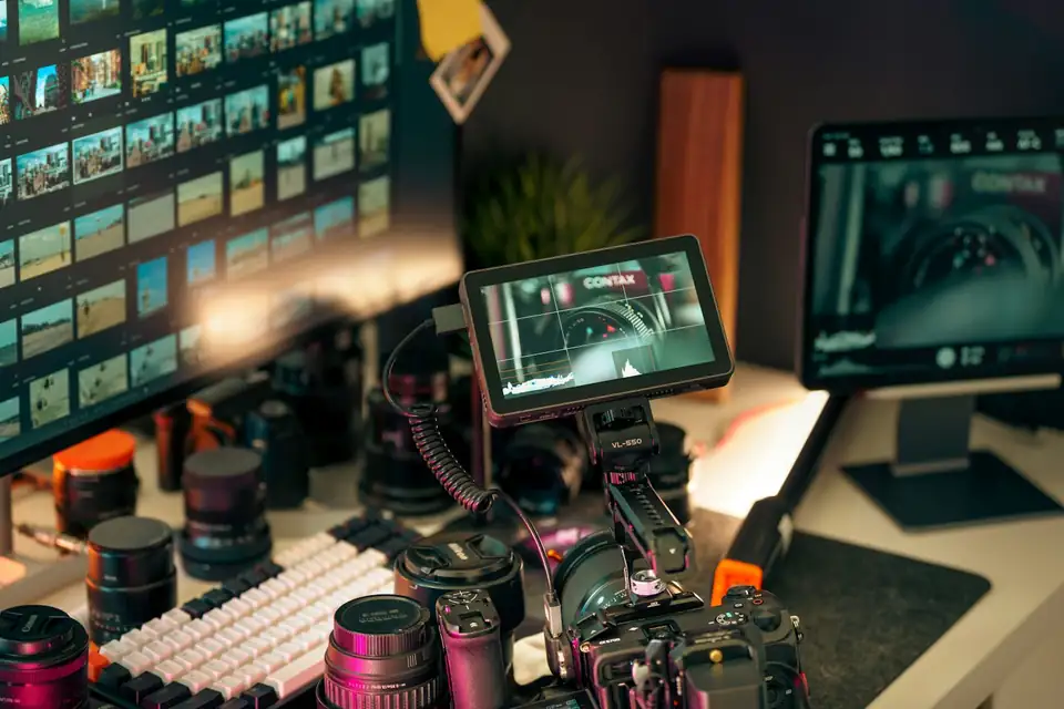 Editing desk with cameras, lenses and monitors