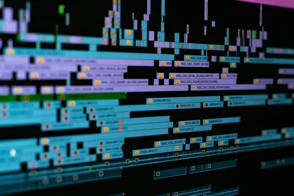 Close-up of a finished video editing timeline