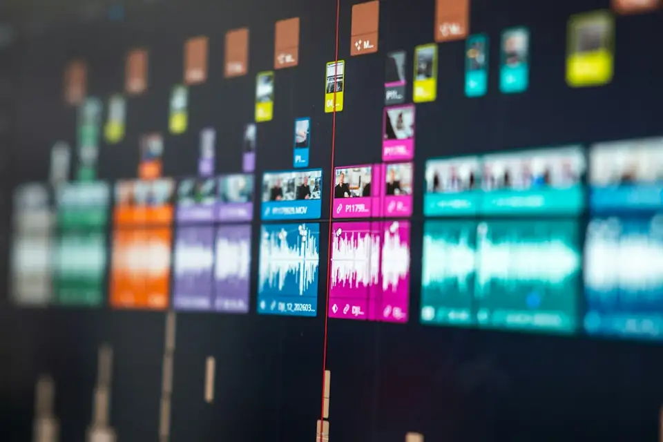 Colourful editing timeline with video clips and audio waveforms